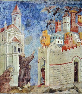 Francis of Assisi casts out demons from a city